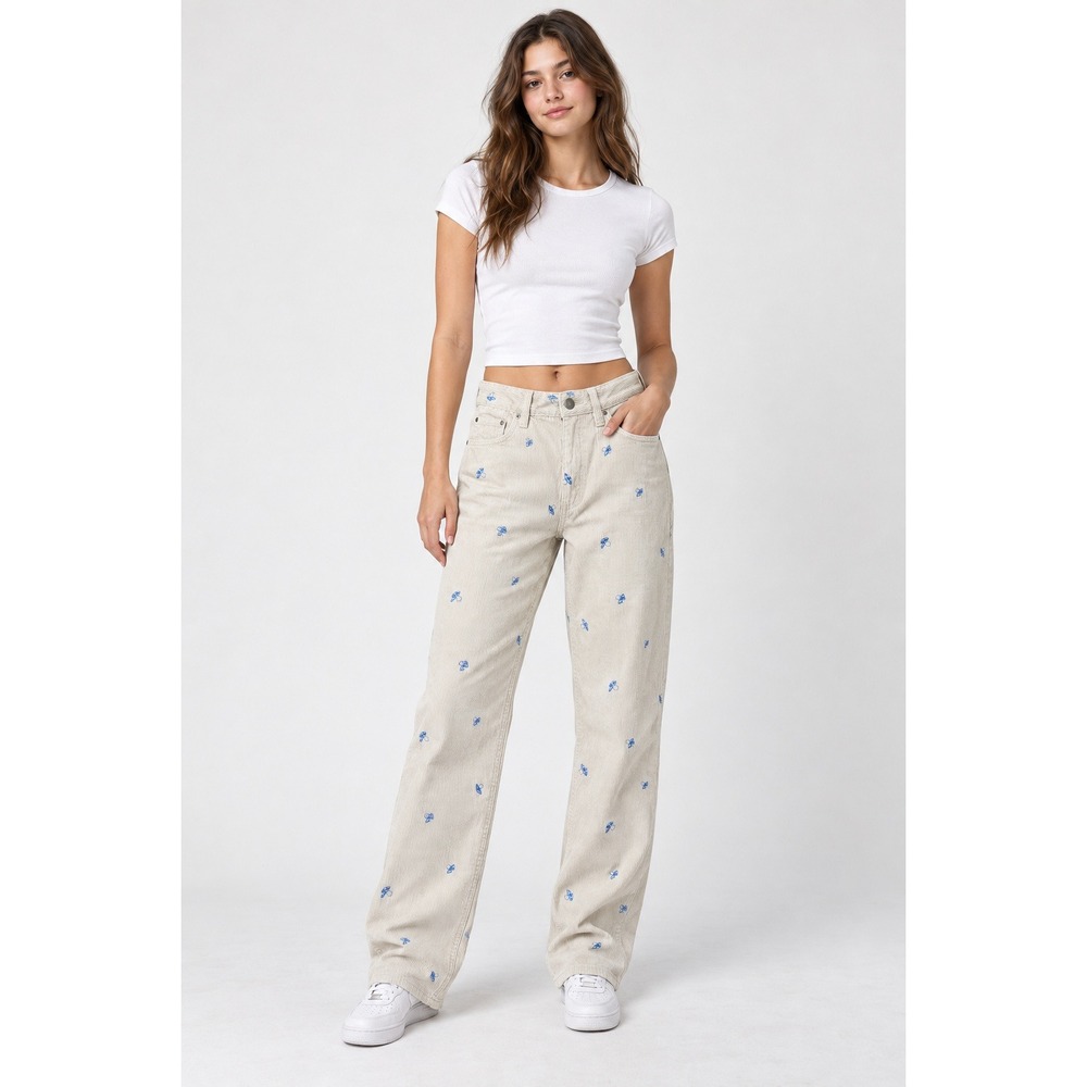 PacSun Corduroy Butterfly Embroidered Pants Beige Tan High Rise Straight Leg